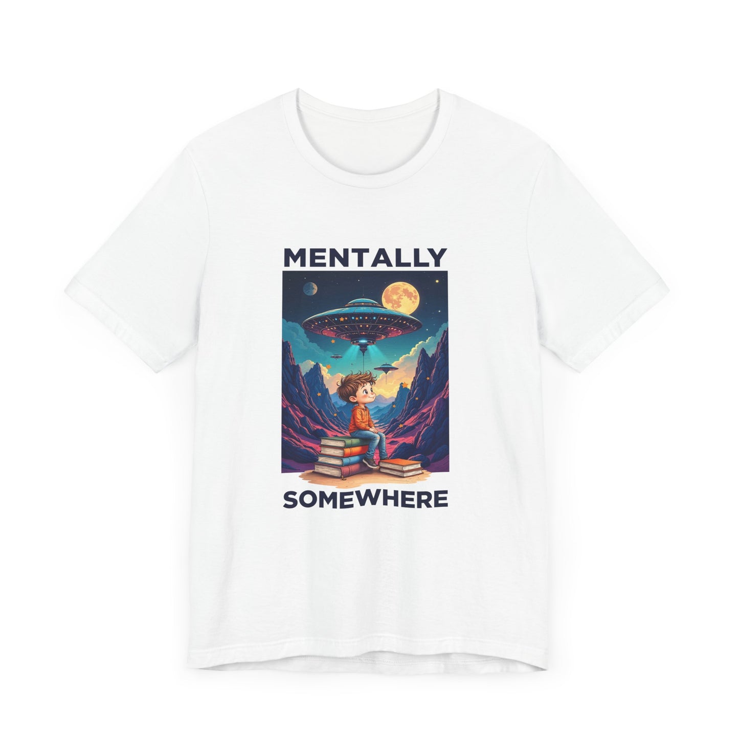 Mentally Somewhere Else – Boy on Books with Space Scene Graphic T-Shirt