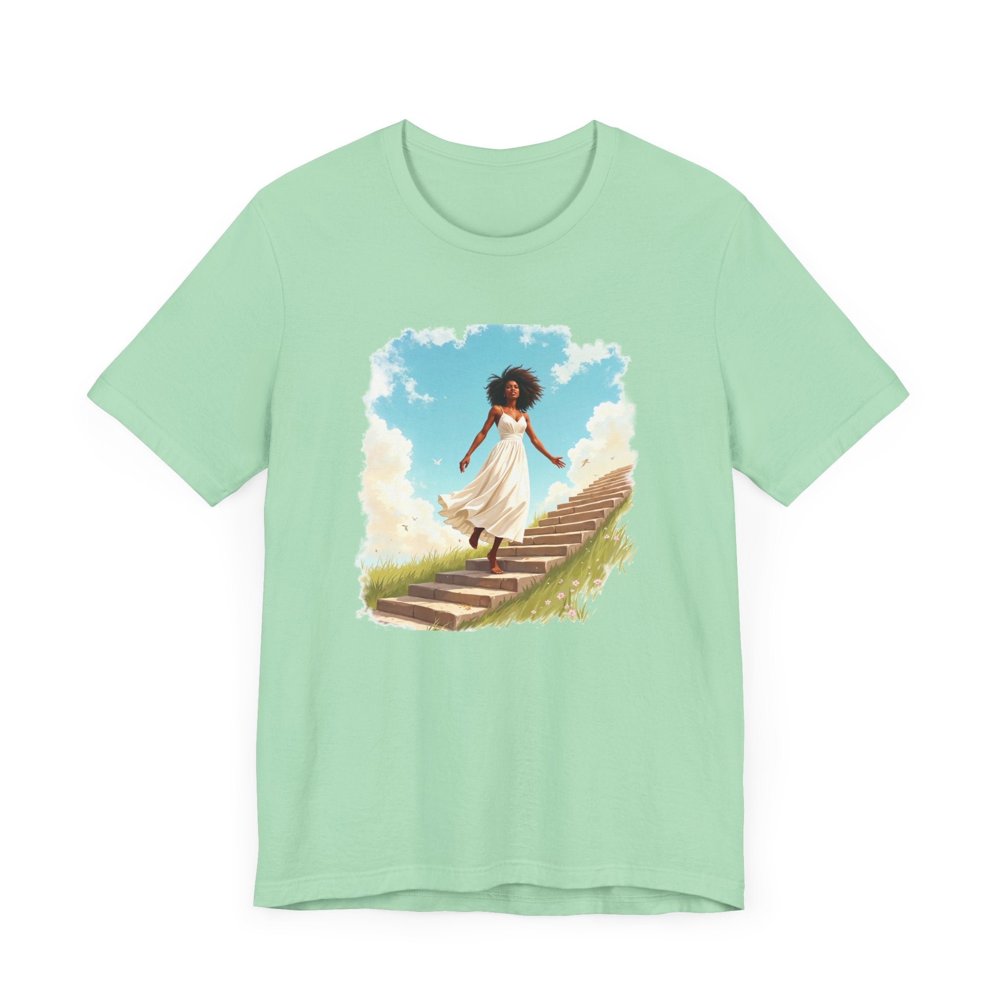 Graceful Woman in White Dress Walking on Stairs – Blue Sky & Green Ground Graphic T-Shirt