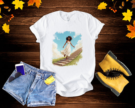 Graceful Woman in White Dress Walking on Stairs – Blue Sky & Green Ground Graphic T-Shirt