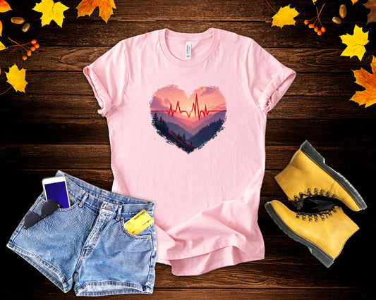 Heart-Shaped Majestic Mountains Landscape with Bold Red Lifeline Graphic T-Shirt