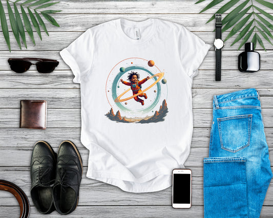 Toddler Flying in Spacesuit with Revolving Planets Space Adventure Graphic T-Shirt