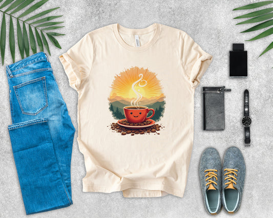 Sunrise Coffee Cup with Coffee Beans and Radiant Morning Glow Graphic T-Shirt