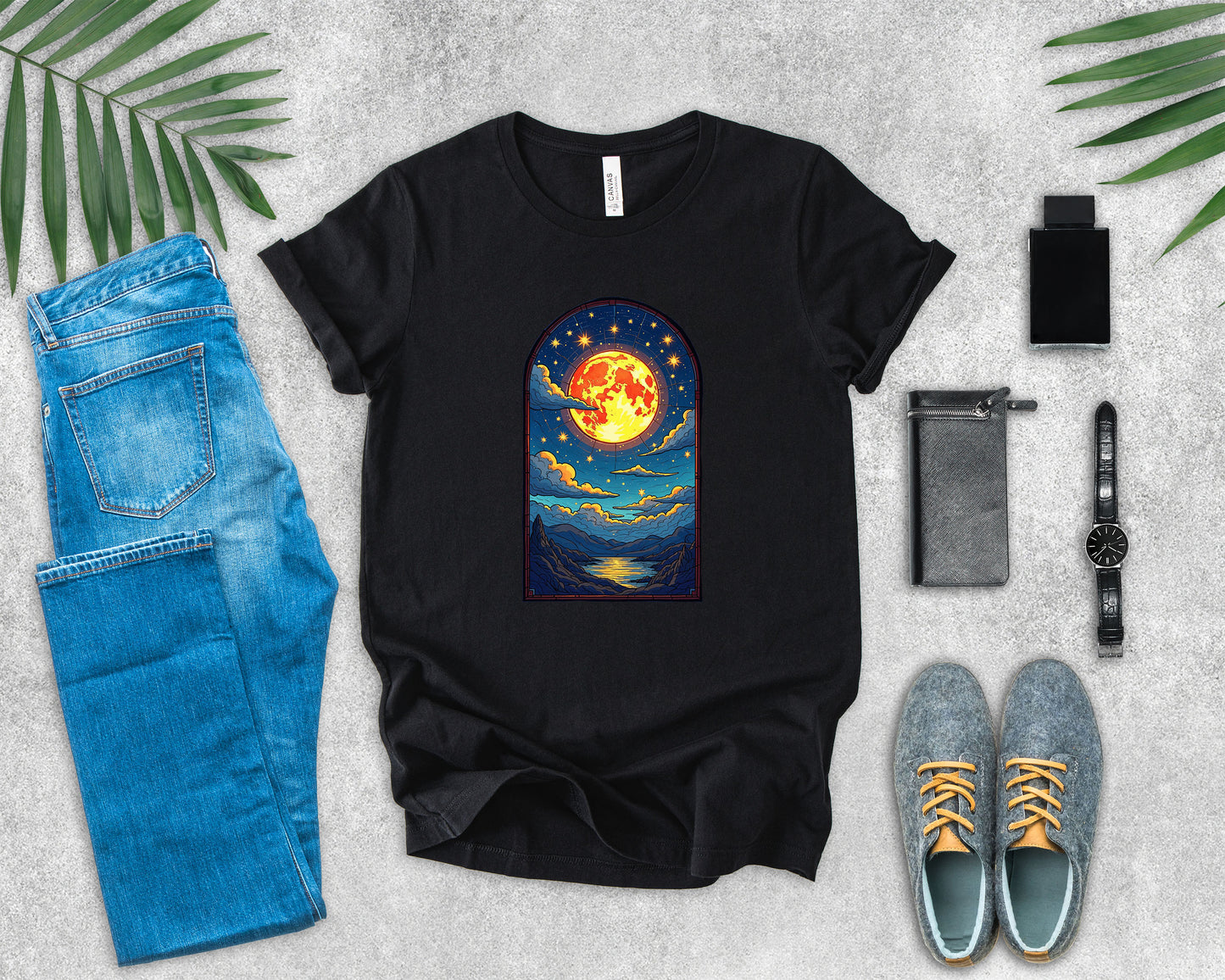 Castle Window View of Glowing Full Moon with Reflection and Stars Graphic T-Shirt