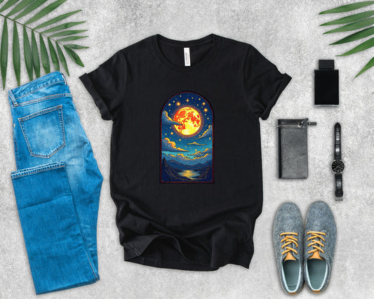 Castle Window View of Glowing Full Moon with Reflection and Stars Graphic T-Shirt