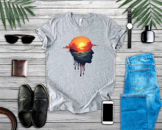 Melting Human Face with Colorful Sunrise and Clouds Beach View Graphic T-Shirt