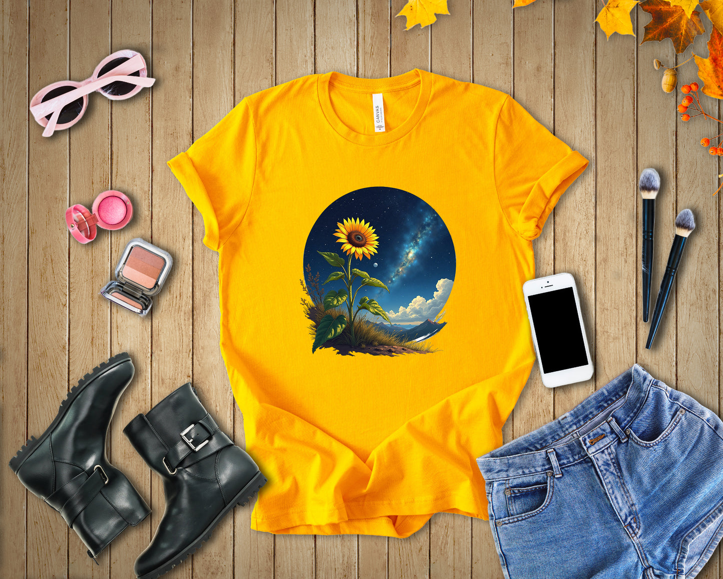 Cosmic Bloom Sunflower with Sky, Clouds & Mountains Reaction Graphic T-Shirt