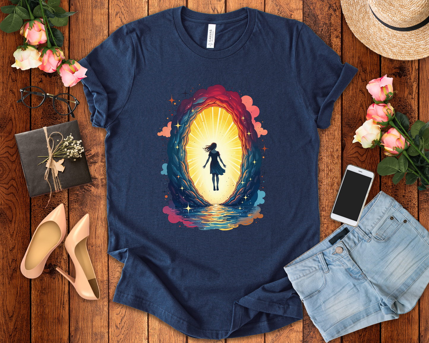 Interdimensional Chill – Floating Woman in Cosmic Portal Graphic T-Shirt