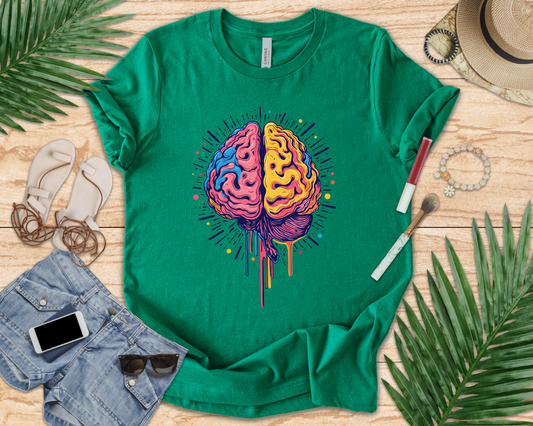 Colorful Vibrant Brain with Dripping Paint and Radiant Energy Lines Graphic T-Shirt