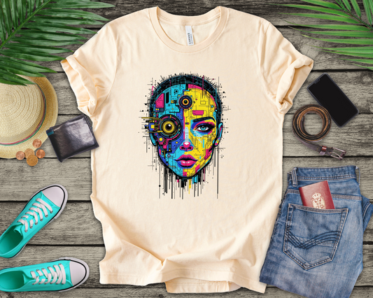 Third Eye Glitch – Robotic Woman with Circuit Face and Three Eyes Graphic T-Shirt