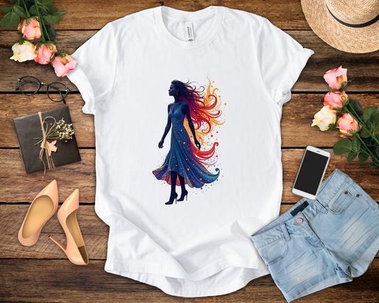Graceful Woman with Swirling Autumn Aura – Abstract Colorful Swirl Graphic T-Shirt
