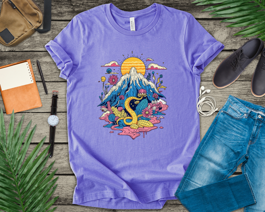 Psychological Jungle Mountain – Psychedelic Sun and Jungle Landscape Graphic T-Shirt