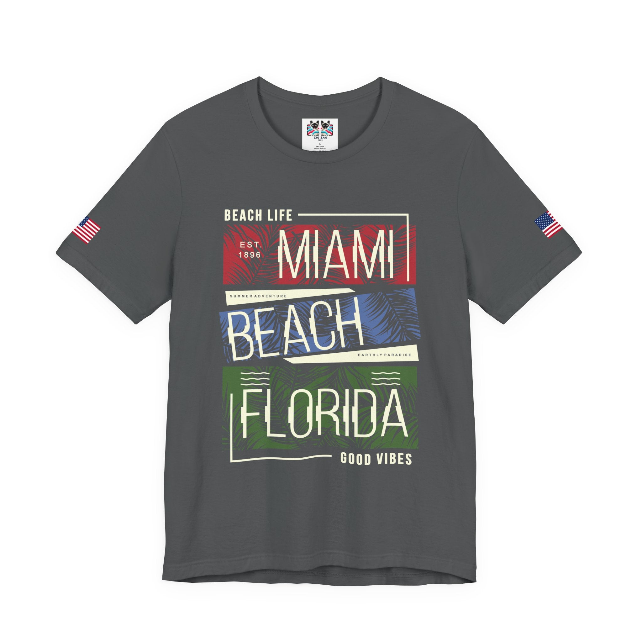 Miami Beach Florida T-Shirt – Beach Life EST 1896 Good Vibes Tropical Panel Graphic Tee