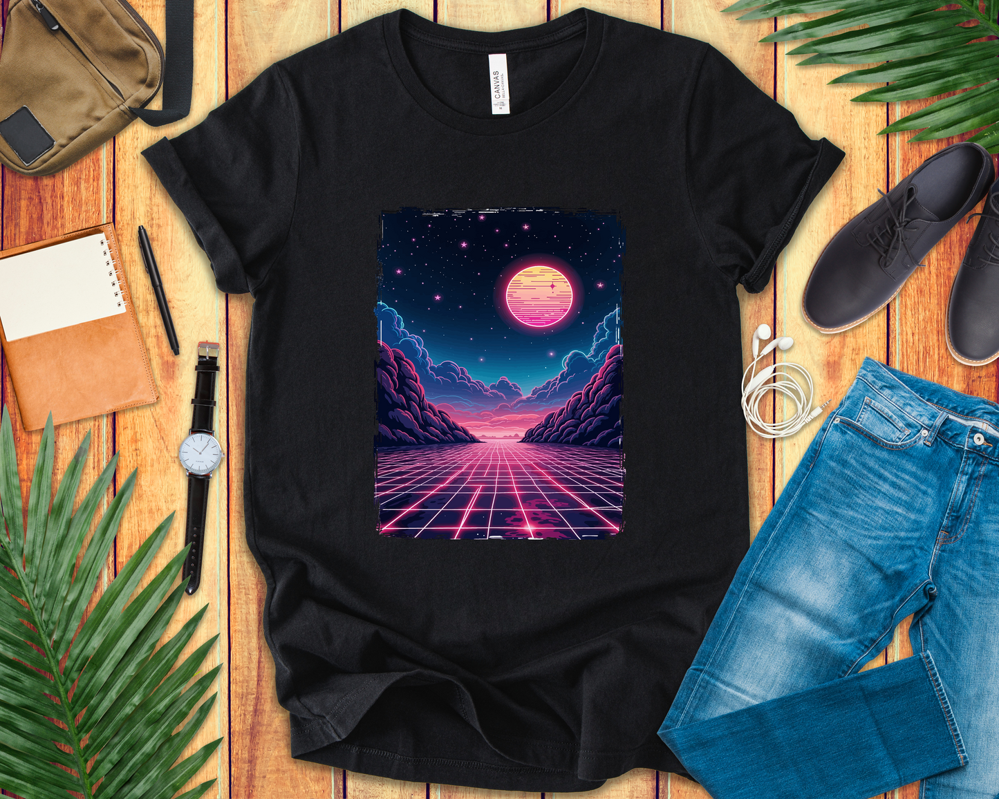 Neon Dream – Full Moon Night Waterfront with Mountains and Glowing Sky Graphic T-Shirt