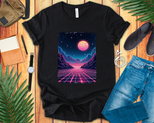 Neon Dream – Full Moon Night Waterfront with Mountains and Glowing Sky Graphic T-Shirt