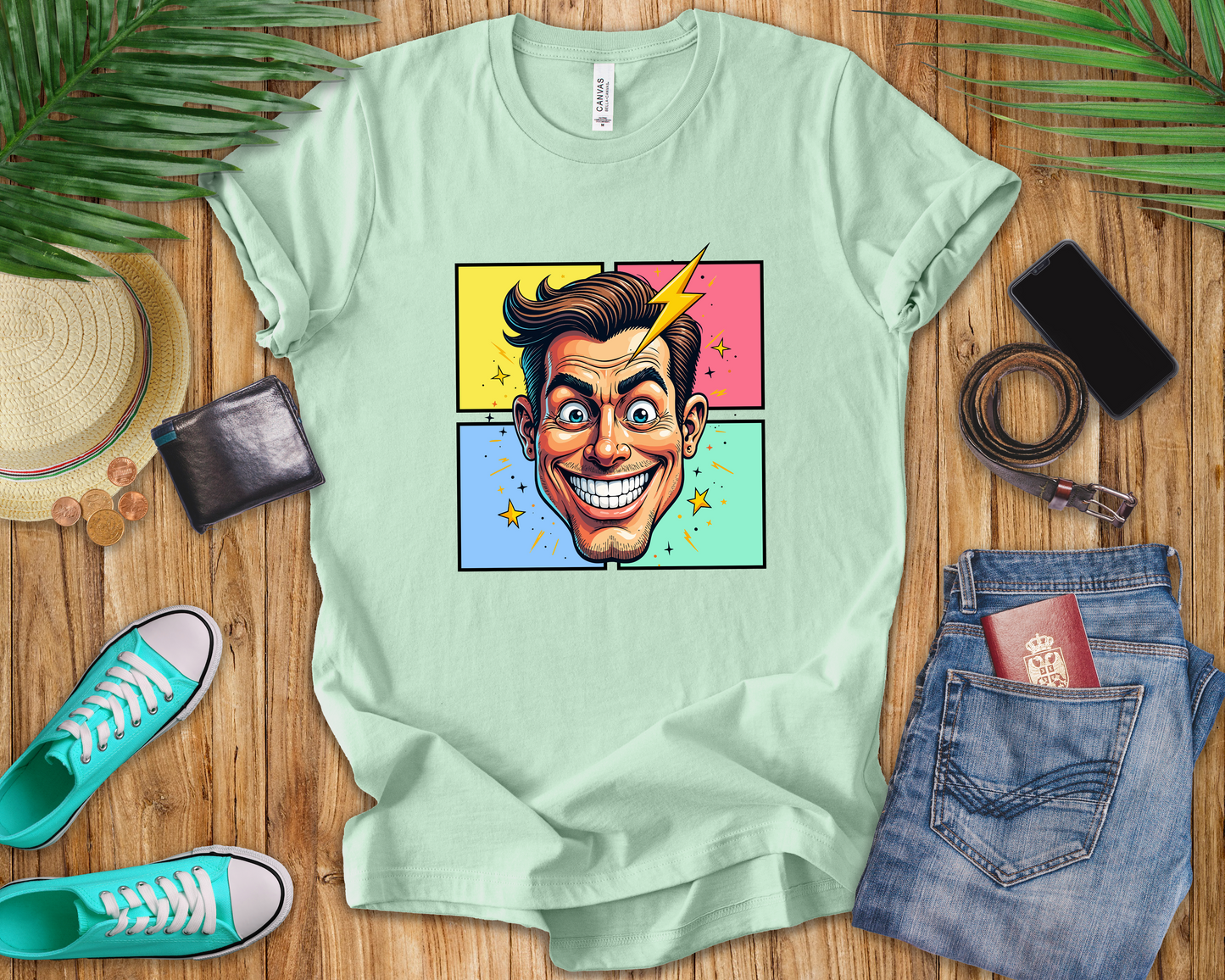 Funny Man’s Face with Lightning Forehead and Colorful Quadrant Stars Emotions Graphic T-Shirt