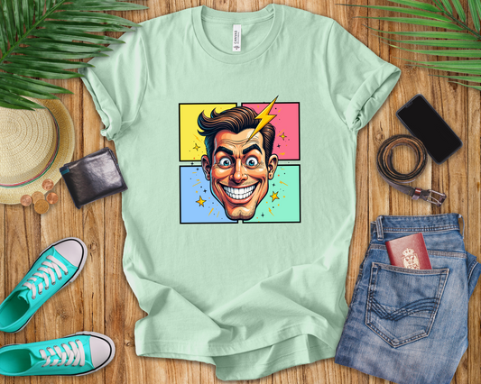 Funny Man’s Face with Lightning Forehead and Colorful Quadrant Stars Emotions Graphic T-Shirt