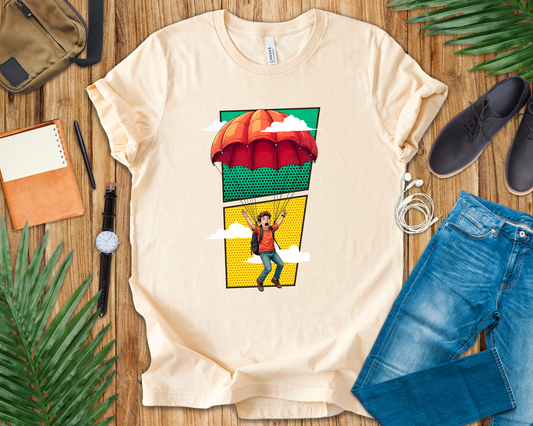 Do it Scared Boy Parachuting Mid-Air with Clouds Background Graphic T-Shirt
