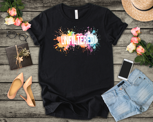 UNFILTERED – Bold Text with Colorful Splash Background Graphic T-Shirt