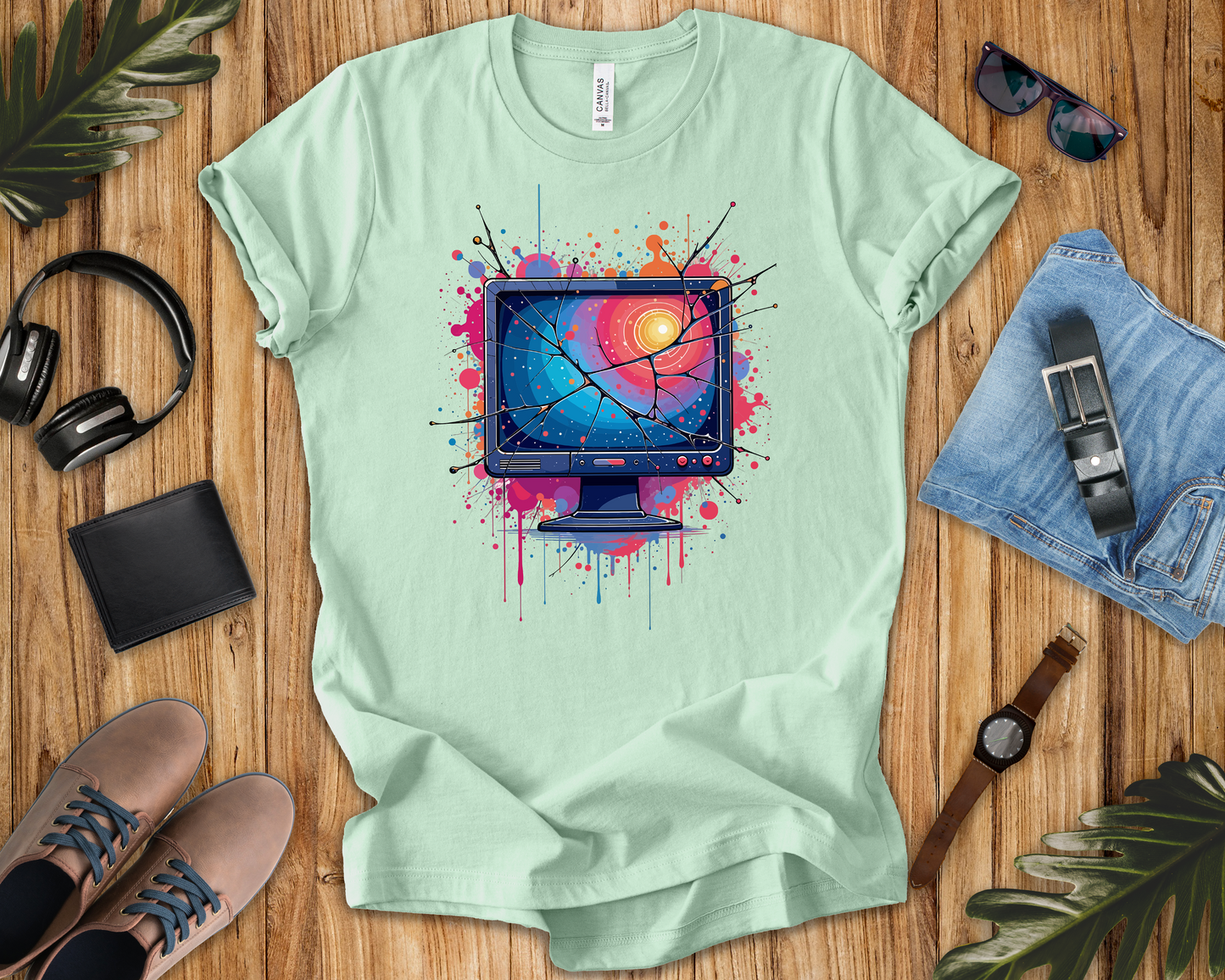Break the System – Broken Monitor with Cracks, Gradient Screen & Color Splash Graphic T-Shirt