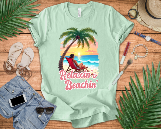 Recharge Mode Relaxin & Beachin' – Woman Lounging Under Palm Tree Beach Scene T-Shirt