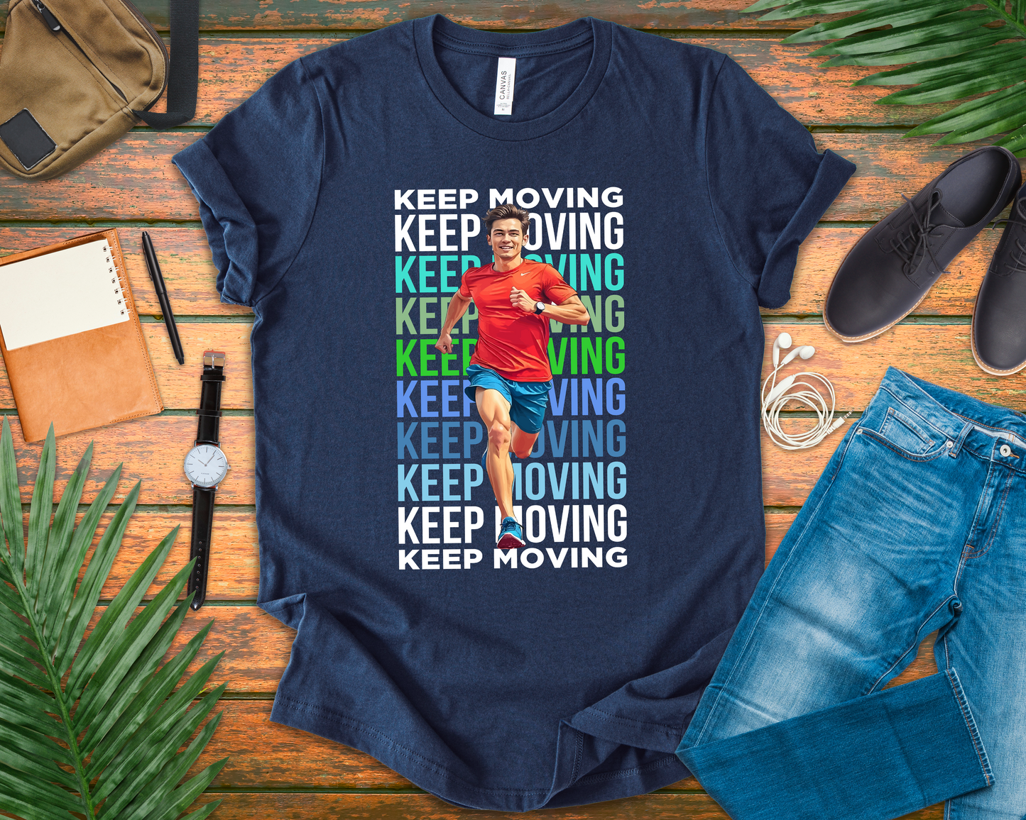 Keep Moving – Determination and Progress Man Running Motivational Graphic T-Shirt