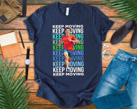 Keep Moving – Determination and Progress Man Running Motivational Graphic T-Shirt