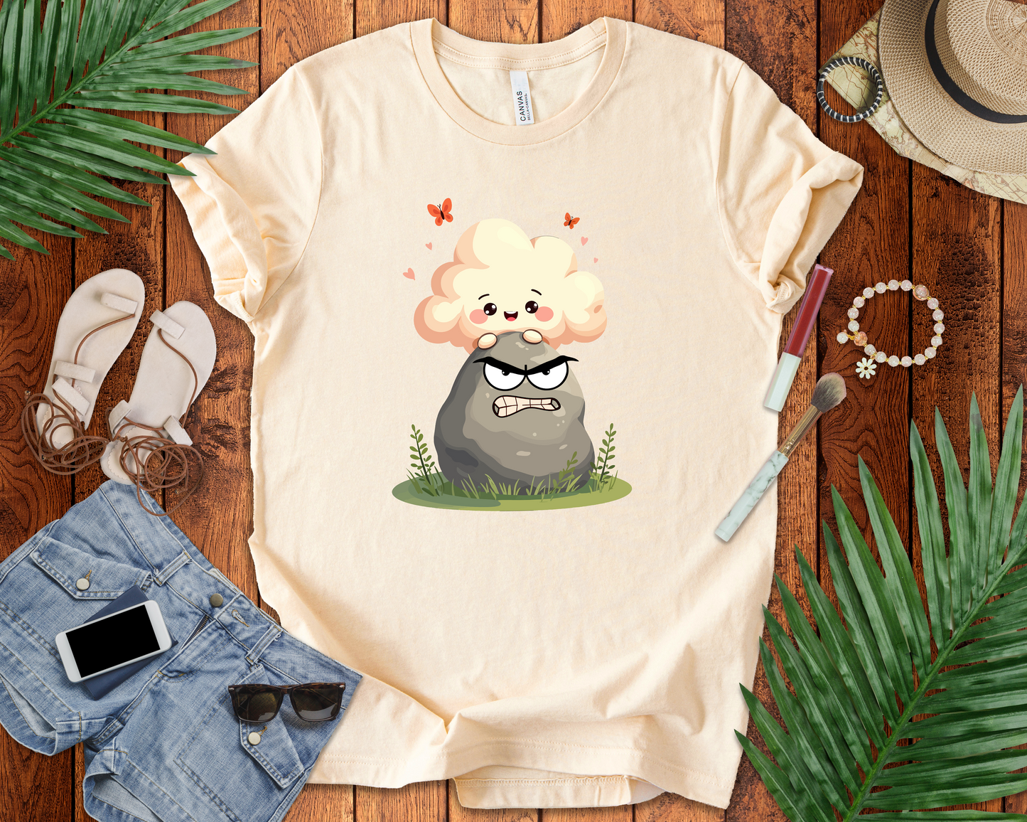 Soft but Solid - Smiling Cloud vs. Angry Rock – Playful Nature Face-Off Graphic T-Shirt