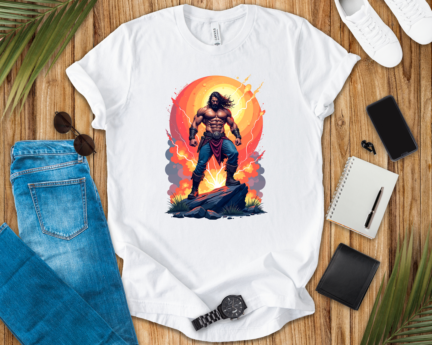 Power Unleashed – Strong Man on Rock with Lightning, Smoke & Fire Splash Graphic T-Shirt