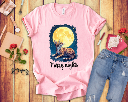 Moon Bath  - Furry Nights – Cat Watching Full Moon and Starry Sky Graphic T-Shirt