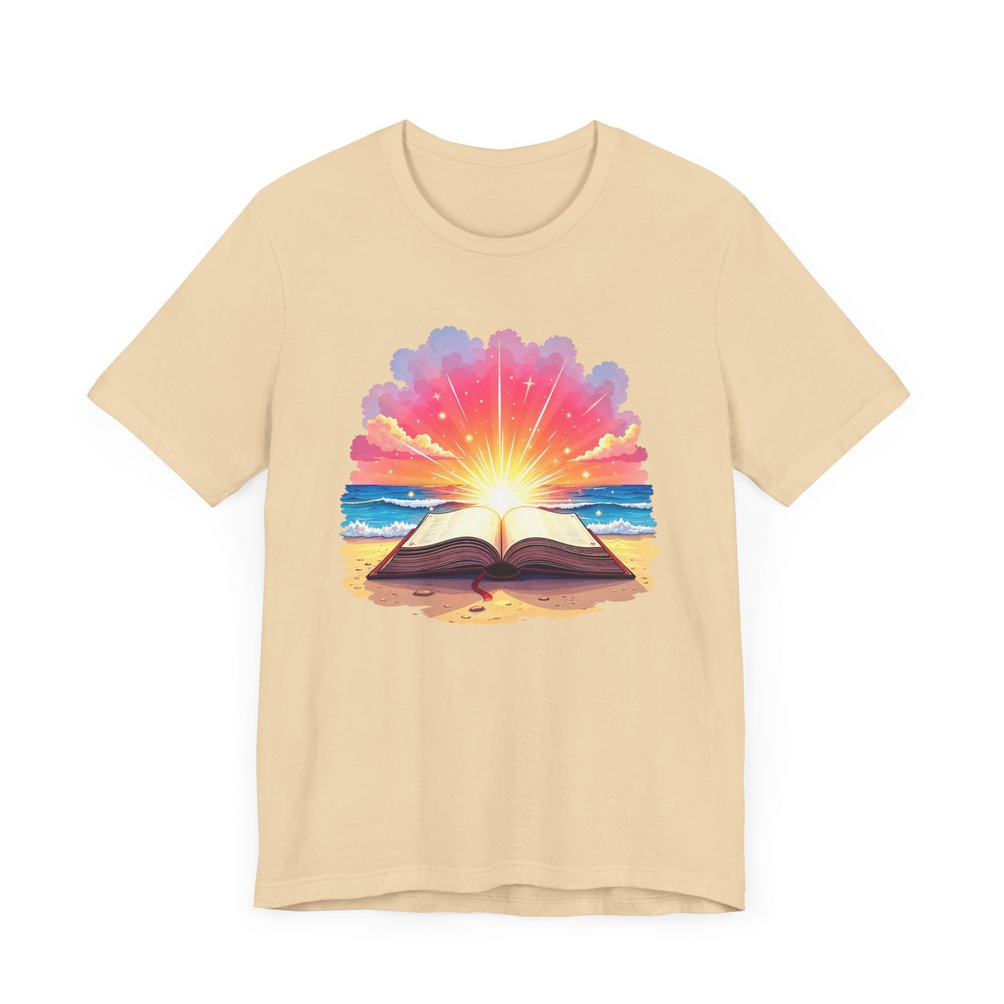 Magical Open Book on Beach with Radiant Flashlight Graphic T-Shirt