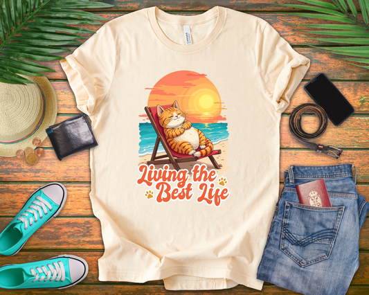 Lazy Life- Living the Best Life – Fat Cat Reclining Chair Beach Sunset Graphic T-Shirt