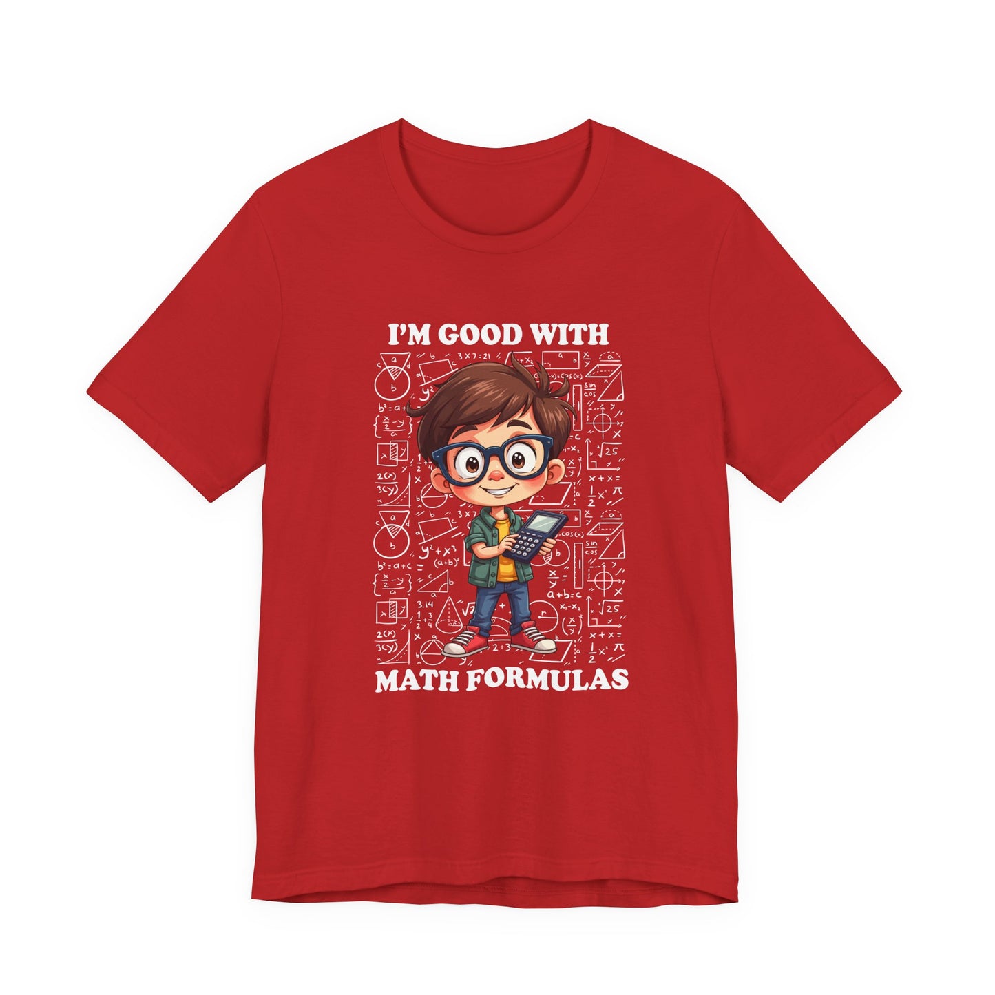 I'm Good with Math Formulas Tshirt – Happy Boy with Calculator and Math Diagrams
