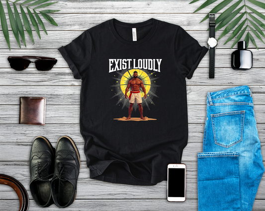 Exist Loudly – Strong Muscular Man with Red Belt & Glowing Light Graphic T-Shirt