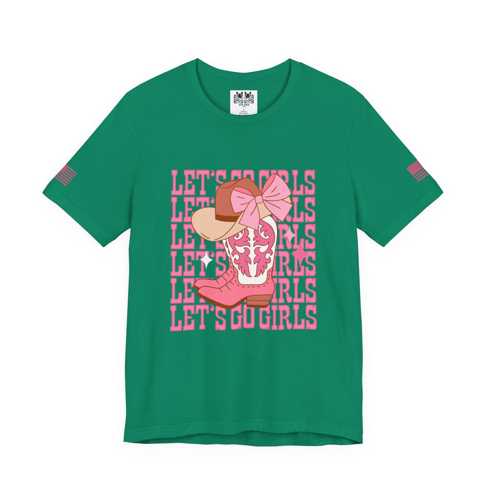 Let's Go Girls T-Shirt – Stacked Repeat Cowboy Boot Bow Hat Graphic Tee