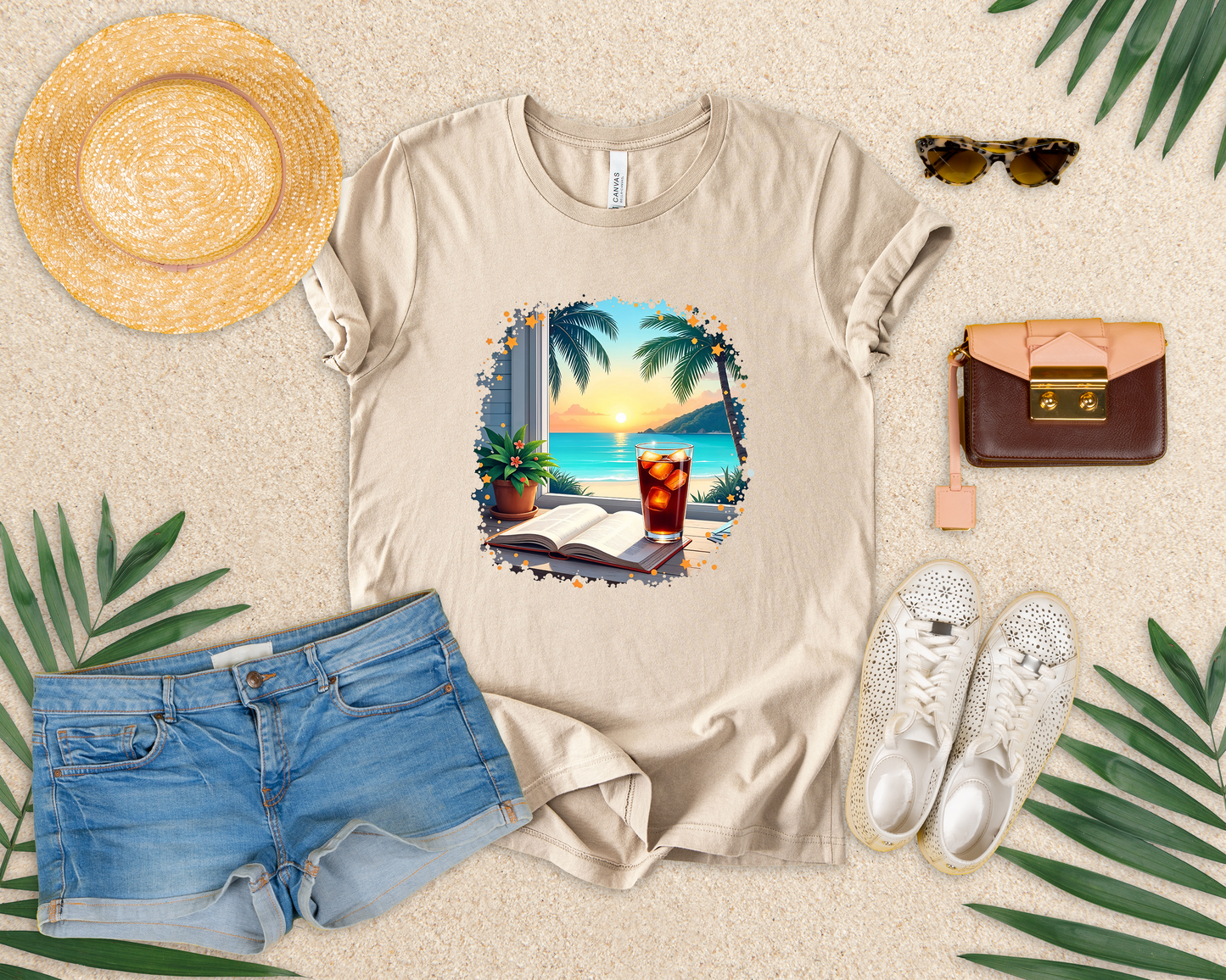 Romanticize Everything - Beachside Serenity – Table with Book, Drink & Flower Pot by Window Graphic T-Shirt