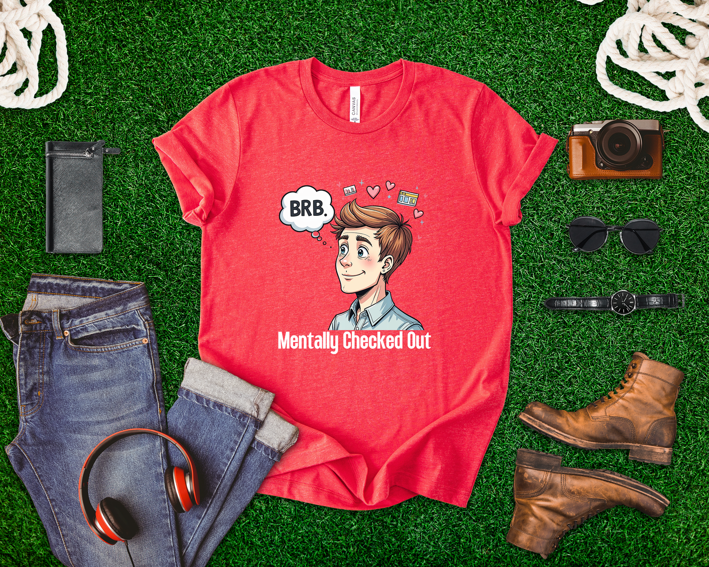 Mentally Checked Out – "BRB" Thought Bubble with Lost Man & Heart Emotions Graphic T-Shirt