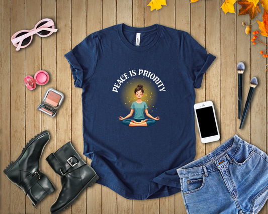 Peace Is Priority – Meditating Woman with Glowing Aura Graphic T-Shirt