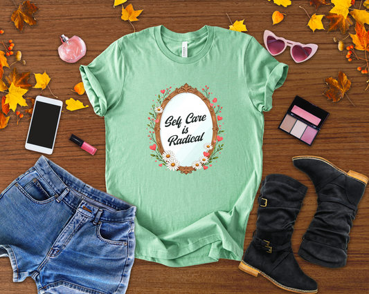 Self Care Is Radical – Floral Oval Mirror Graphic T-Shirt