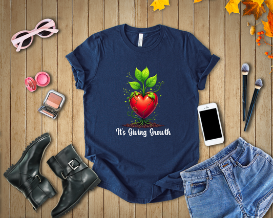 It's Giving Growth – Plant with Red Heart Trunk Graphic T-Shirt