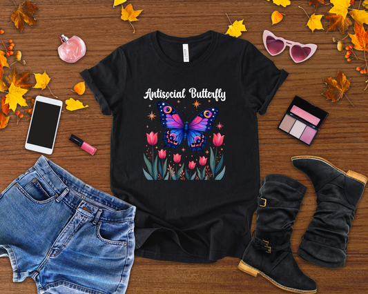 Antisocial Butterfly – Large Butterfly Above Flower Plants Graphic T-Shirt
