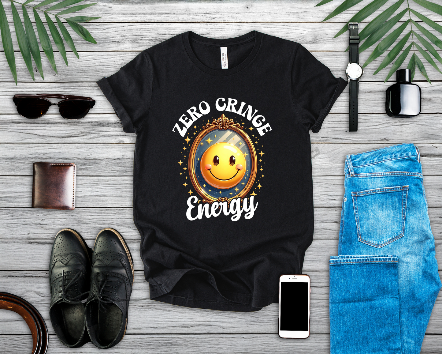 Zero Cringe Energy – Large Mirror with Happy Smiley Graphic T-Shirt
