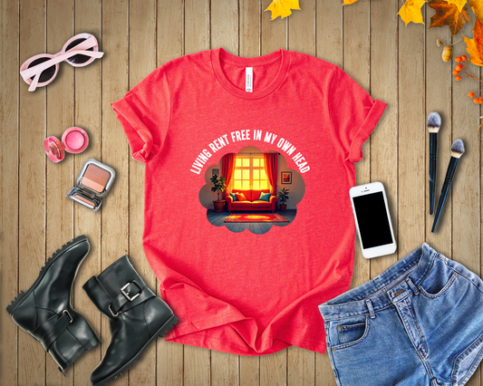 Living Rent Free in My Own Head – Cozy Living Room with Sofa & Sunlit Window Graphic T-Shirt