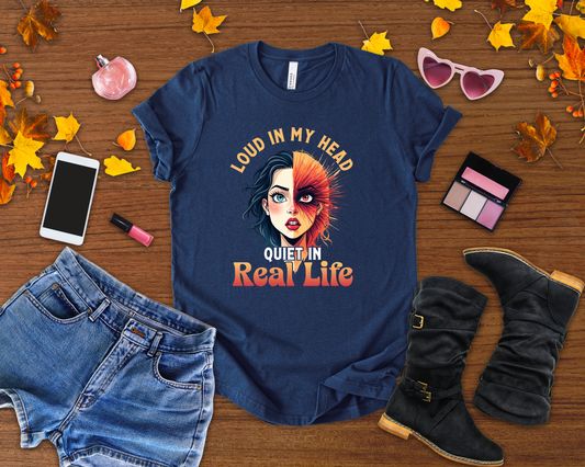 Loud in My Head, Quiet in Real Life – Split Face Puzzled Girl Graphic T-Shirt