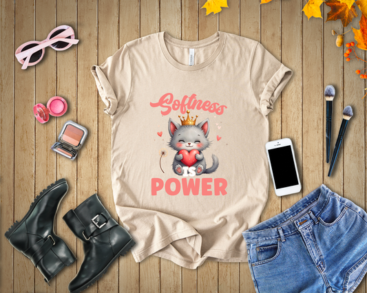 Softness Is Power – Adorable Cat with Heart & Crown Graphic T-Shirt