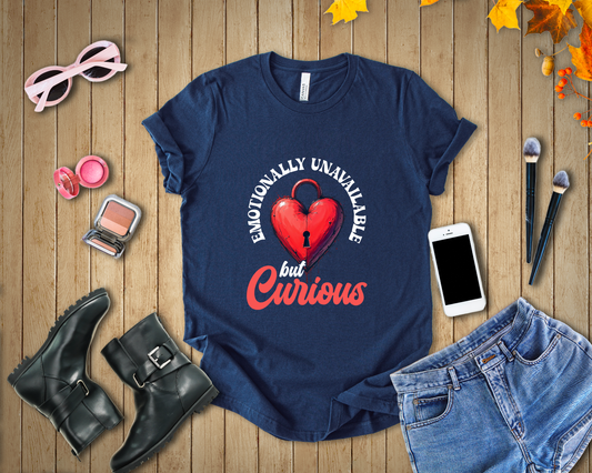 Emotionally Unavailable But Curious – Red Heart Lock Graphic T-Shirt