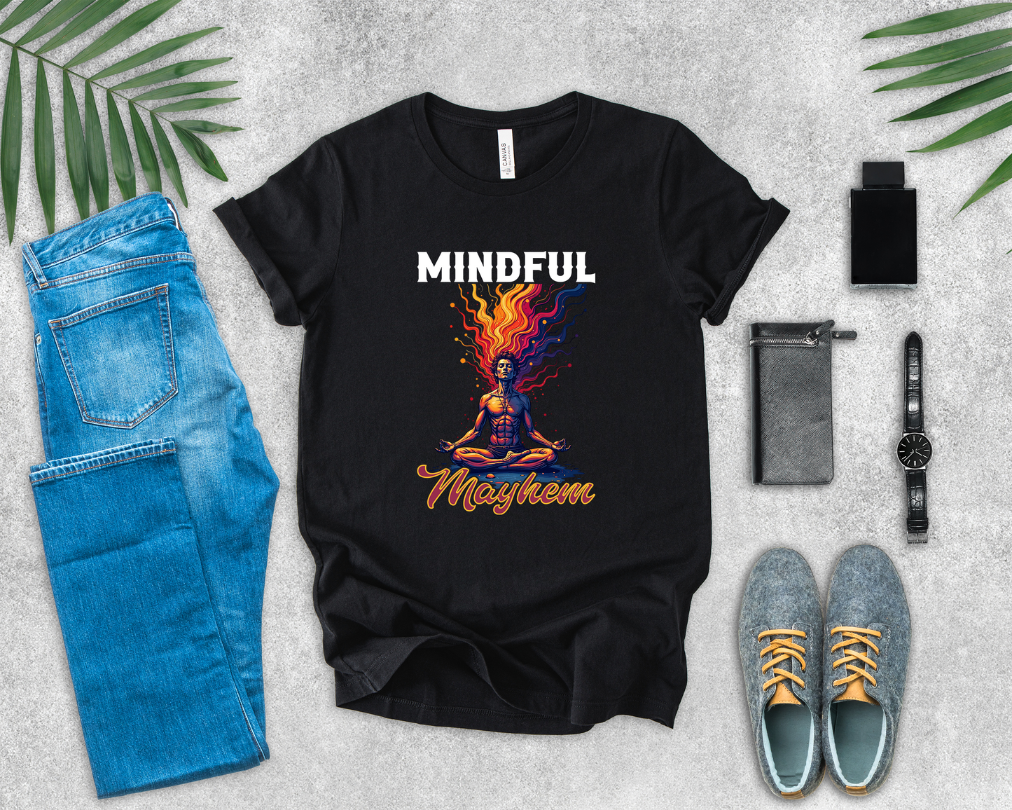 Mindful Mayhem – Meditating Man with Rising Flames Graphic T-Shirt