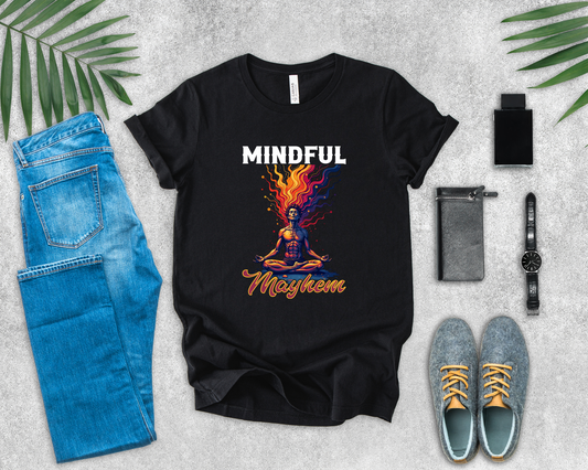 Mindful Mayhem – Meditating Man with Rising Flames Graphic T-Shirt