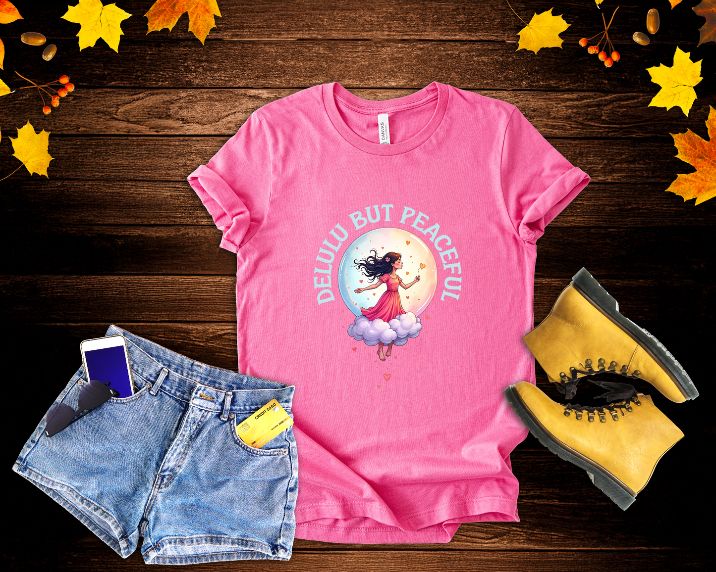 Delulu But Peaceful – Blissfully Unrealistic Floating Girl with Moon & Hearts Graphic T-Shirt
