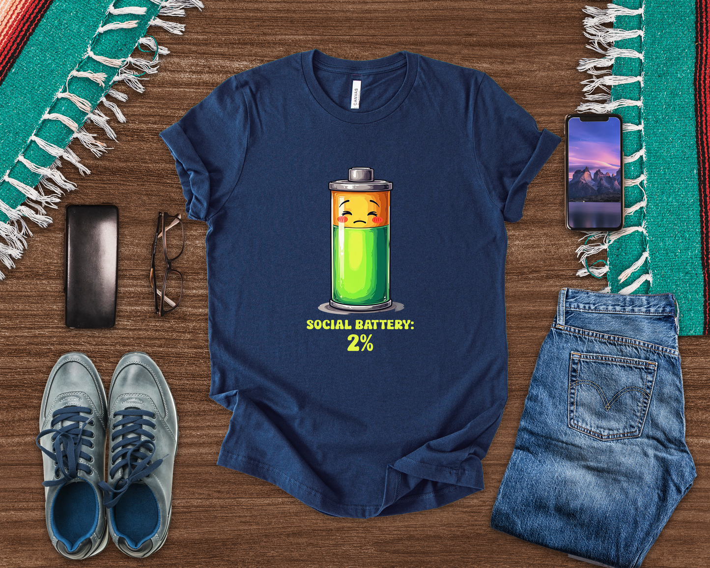Social Battery 2% – Low Charge Sad Battery Graphic T-Shirt