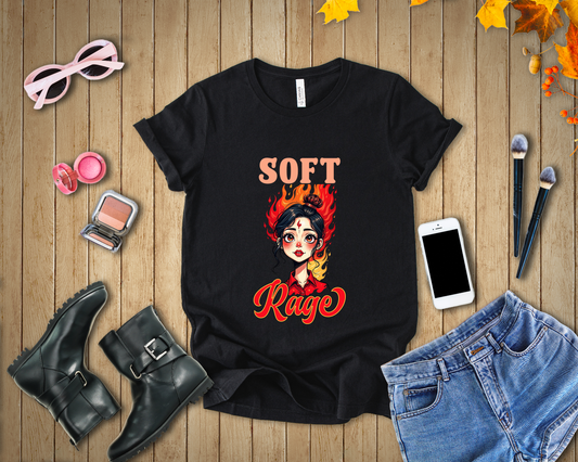 Soft Rage – Emotional Woman with Fiery Background Graphic T-Shirt